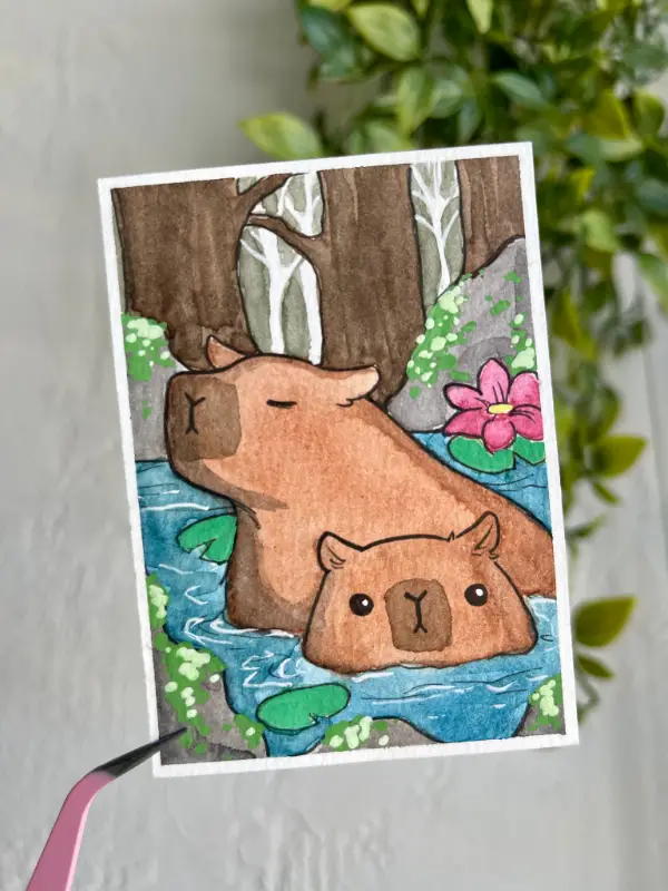 Capybaras at the Pond aceo art card