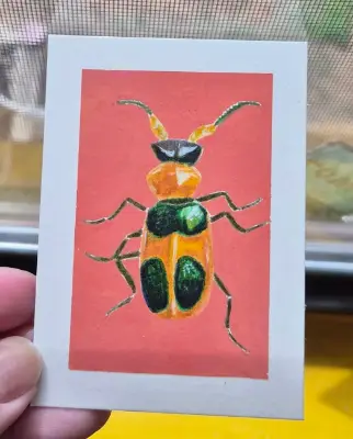 Original ACEO Langley The Beetle Bug Flower Alcohol + Acrylic Marker M_Neff_Art aceo art card thumbnail 1