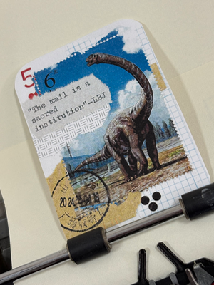 Dinosaur stamp collage print by Mazerzine aceo art card thumbnail 2