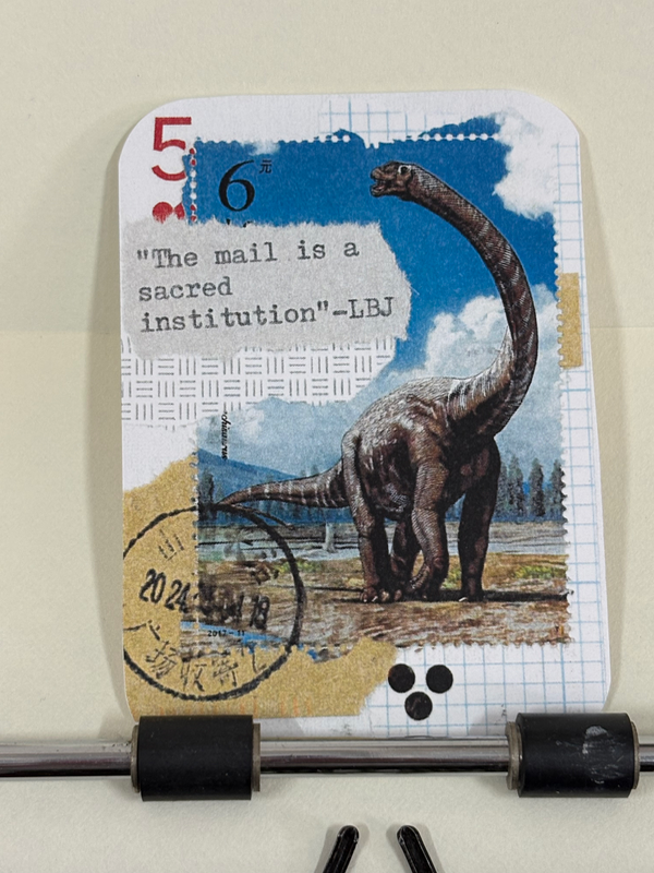 Dinosaur stamp collage print by Mazerzine aceo art card