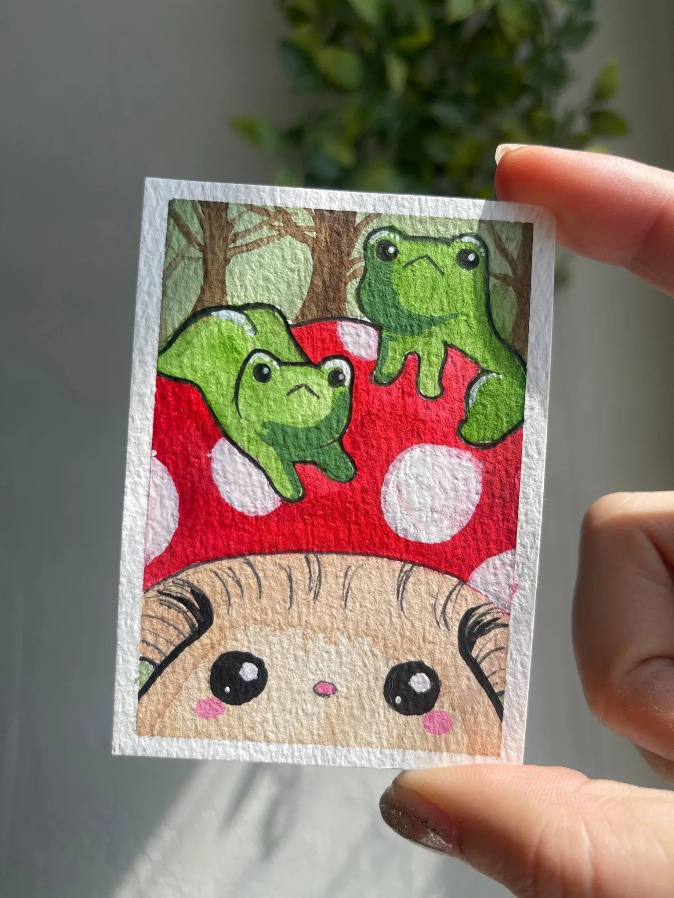 Frogs and Mushroom aceo art card