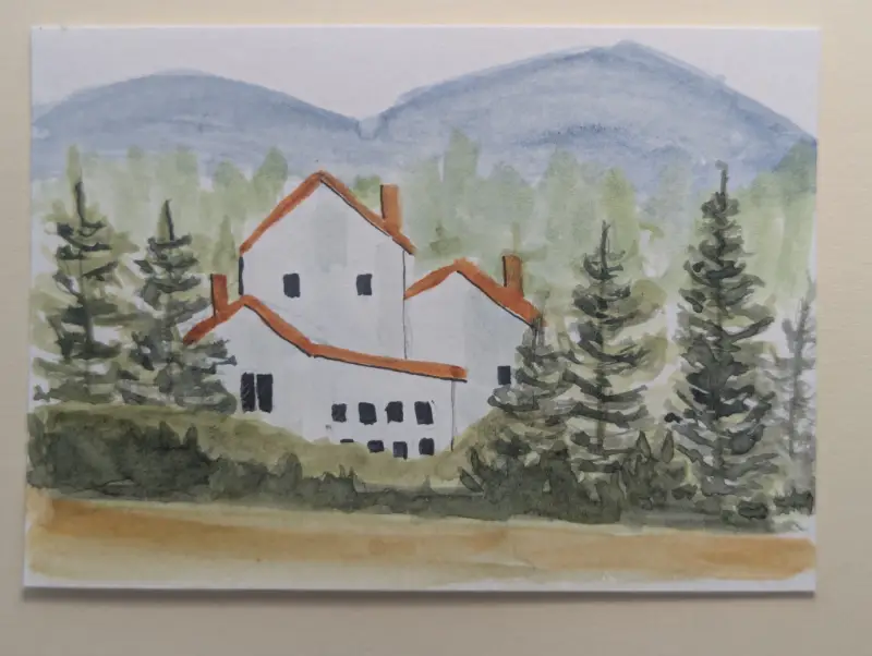 ACEO Original Watercolor Landscape Pine Trees White Modern Ranch House Morning Calm Peaceful aceo art card