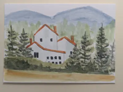 ACEO Original Watercolor Landscape Pine Trees White Modern Ranch House Morning Calm Peaceful aceo art card thumbnail 1