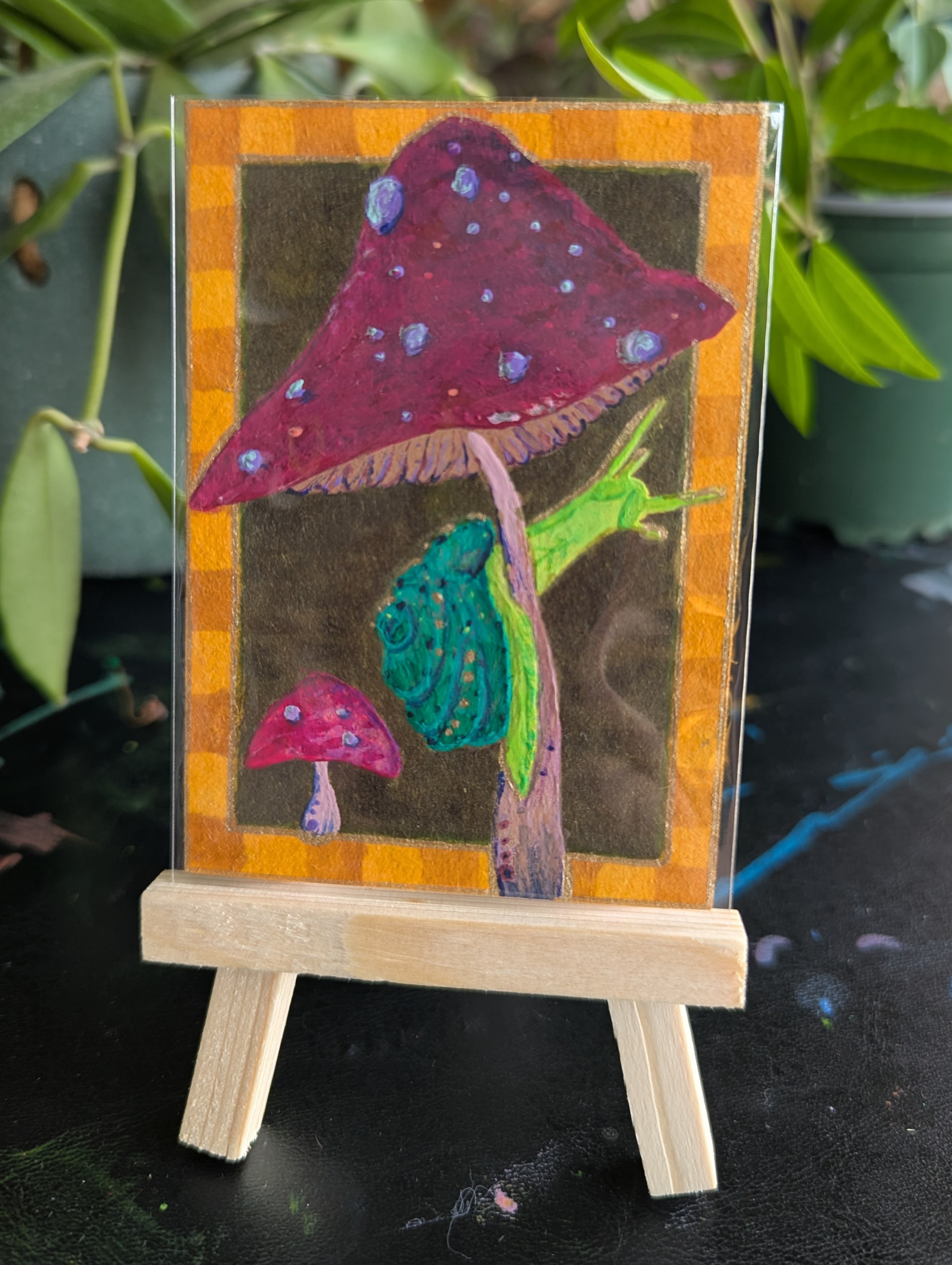 Vibrant snail and mushrooms aceo art card thumbnail 2