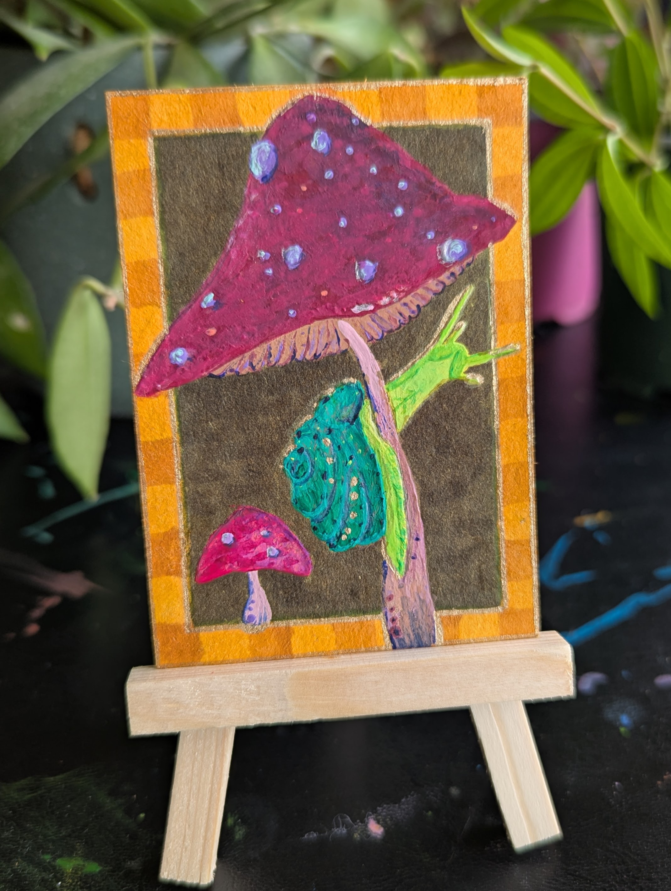 Vibrant snail and mushrooms aceo art card