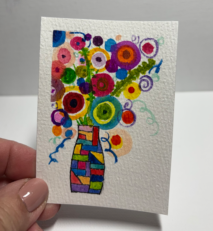 ACEO Original Abstract Floral Watercolor Ink Painting - Colorful Mosaic Vase OOAK 3.5x2.5 aceo art card