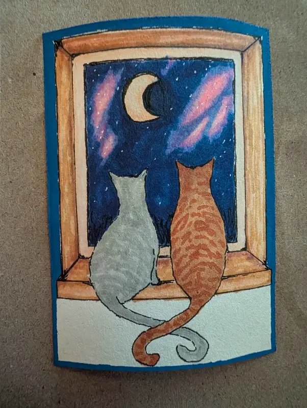 Stargazing Cats in Love aceo art card