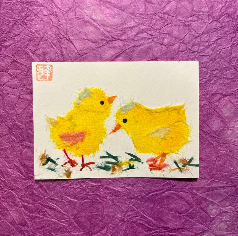 Japanese Washi art - chicks (Hiyoko) aceo art card