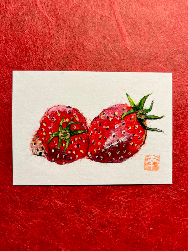 Japanese Washi art-Strawberries aceo art card