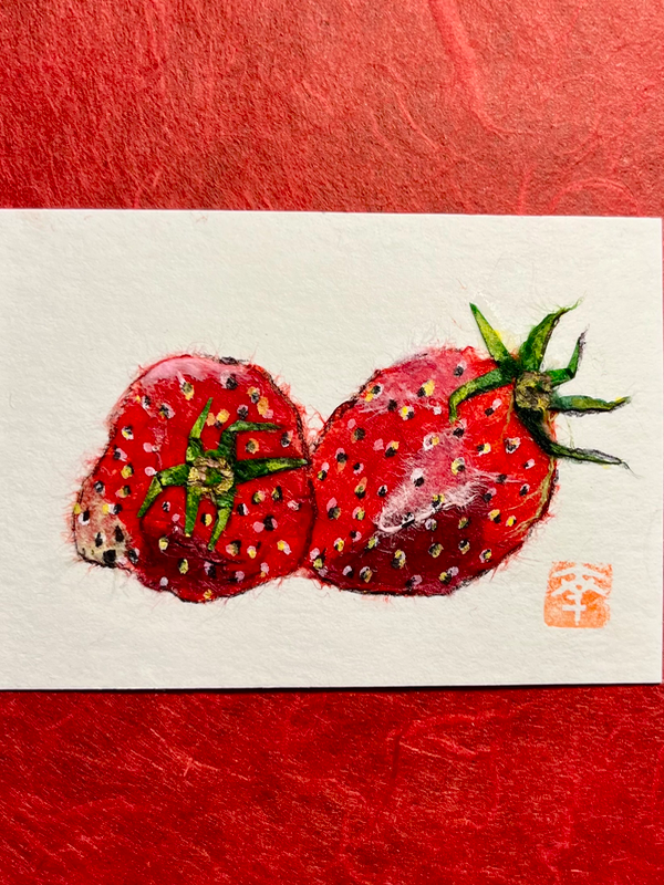 Japanese Washi art-Strawberries aceo art card