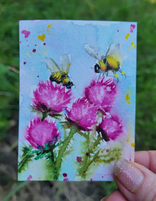 Stories of Thisles and Bees aceo art card