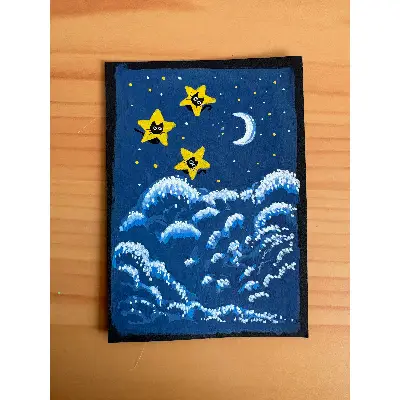 Black cats and stars - acrylic and ink on black mixed media paper aceo art card thumbnail 2