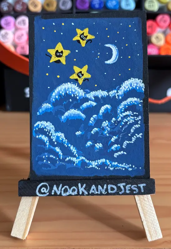 Black cats and stars - acrylic and ink on black mixed media paper aceo art card