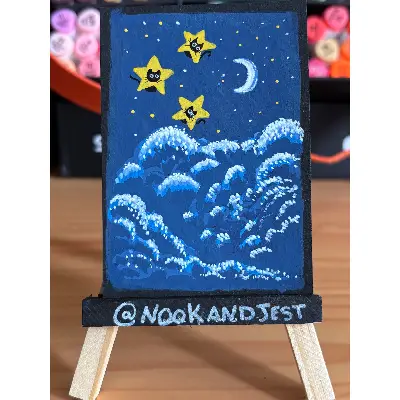 Black cats and stars - acrylic and ink on black mixed media paper aceo art card thumbnail 1