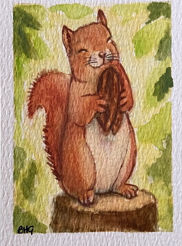 Squirrel Loves Pecan aceo art card