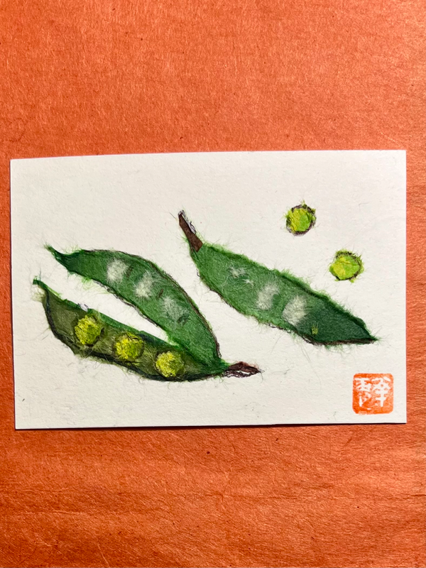Peas in a pod- Japanese washi art aceo art card