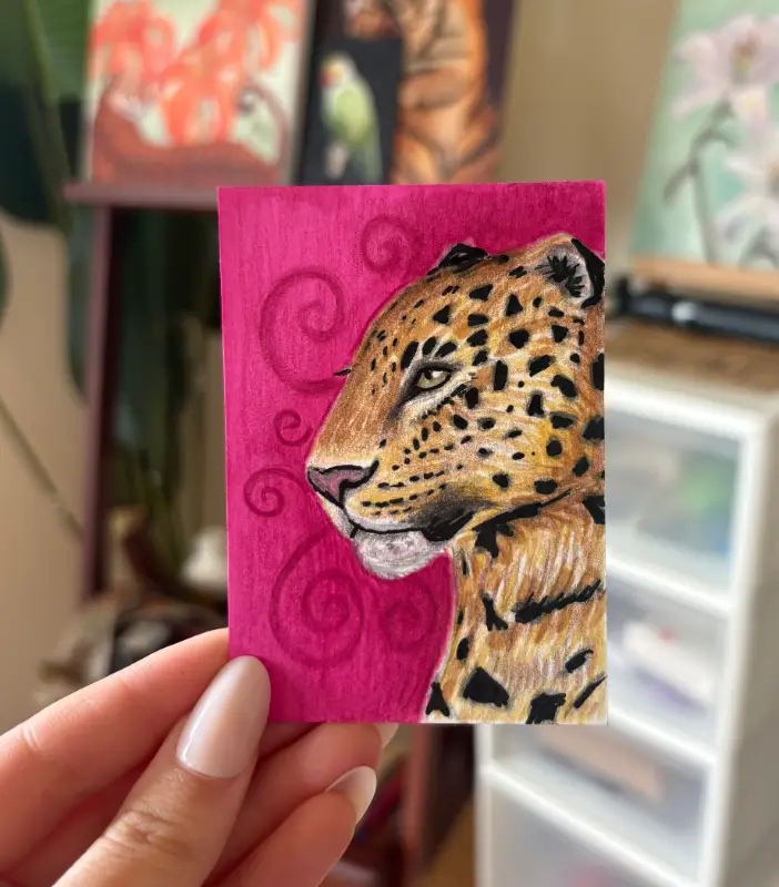 Whimsical Amur Leopard aceo art card