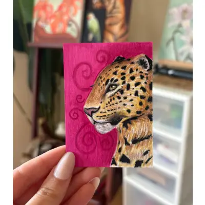 Whimsical Amur Leopard aceo art card thumbnail 1