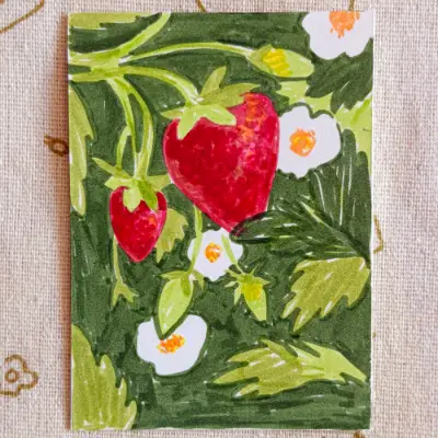 Strawberry plant 3/4 aceo art card thumbnail 1