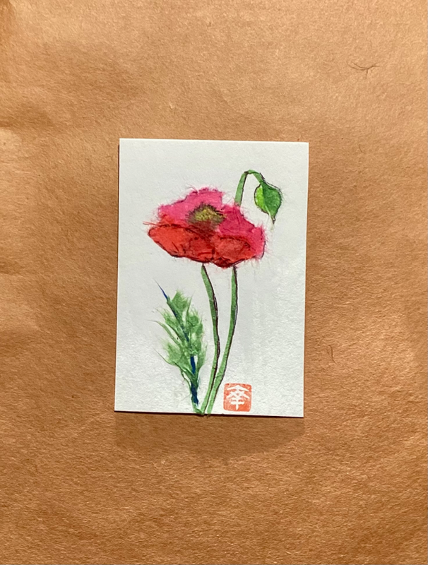 Japanese Washi art - Red poppy aceo art card