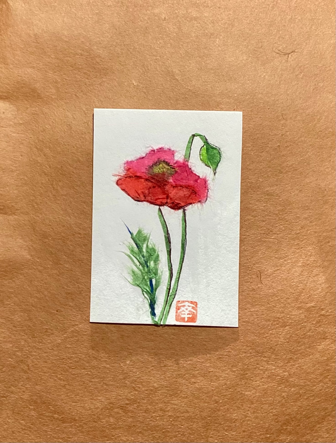 Japanese Washi art - Red poppy aceo art card
