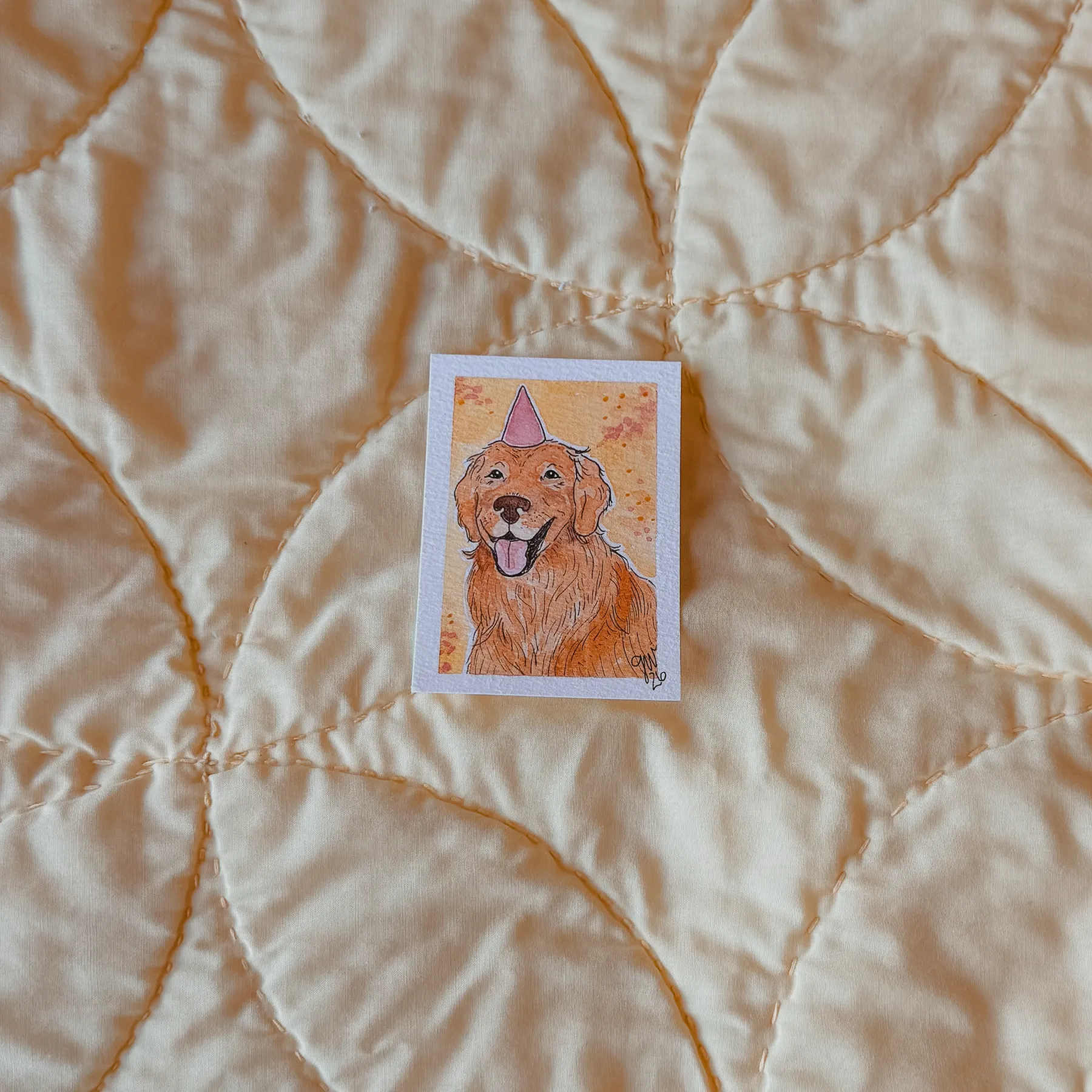 "Golden Birthday" ACEO Golden Retriever With Party Hat aceo art card