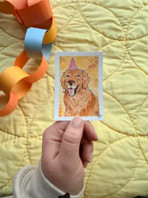 "Golden Birthday" ACEO Golden Retriever With Party Hat aceo art card thumbnail 2