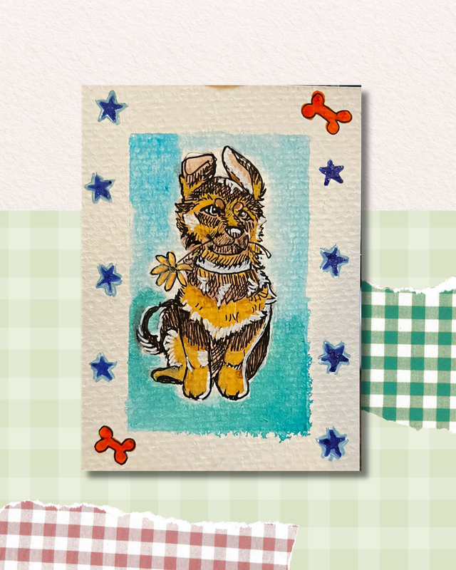 ACEO German Shepard Puppy with Flower in mouth aceo art card