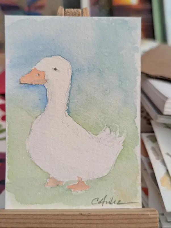 ACEO Original Watercolor White Duck Farm Animal aceo art card
