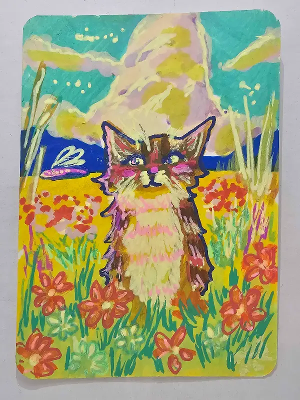 Kitty in a Meadow aceo art card