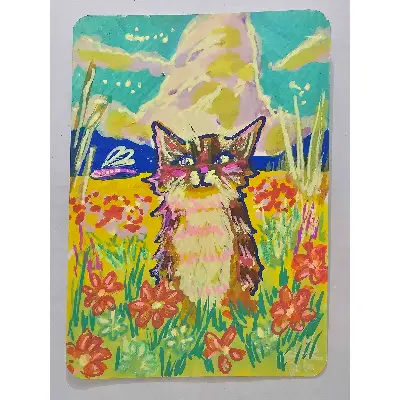 Kitty in a Meadow aceo art card thumbnail 1