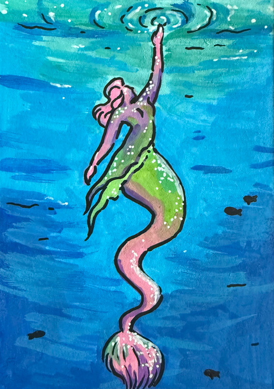 Pink and Green Mermaid Reaching aceo art card