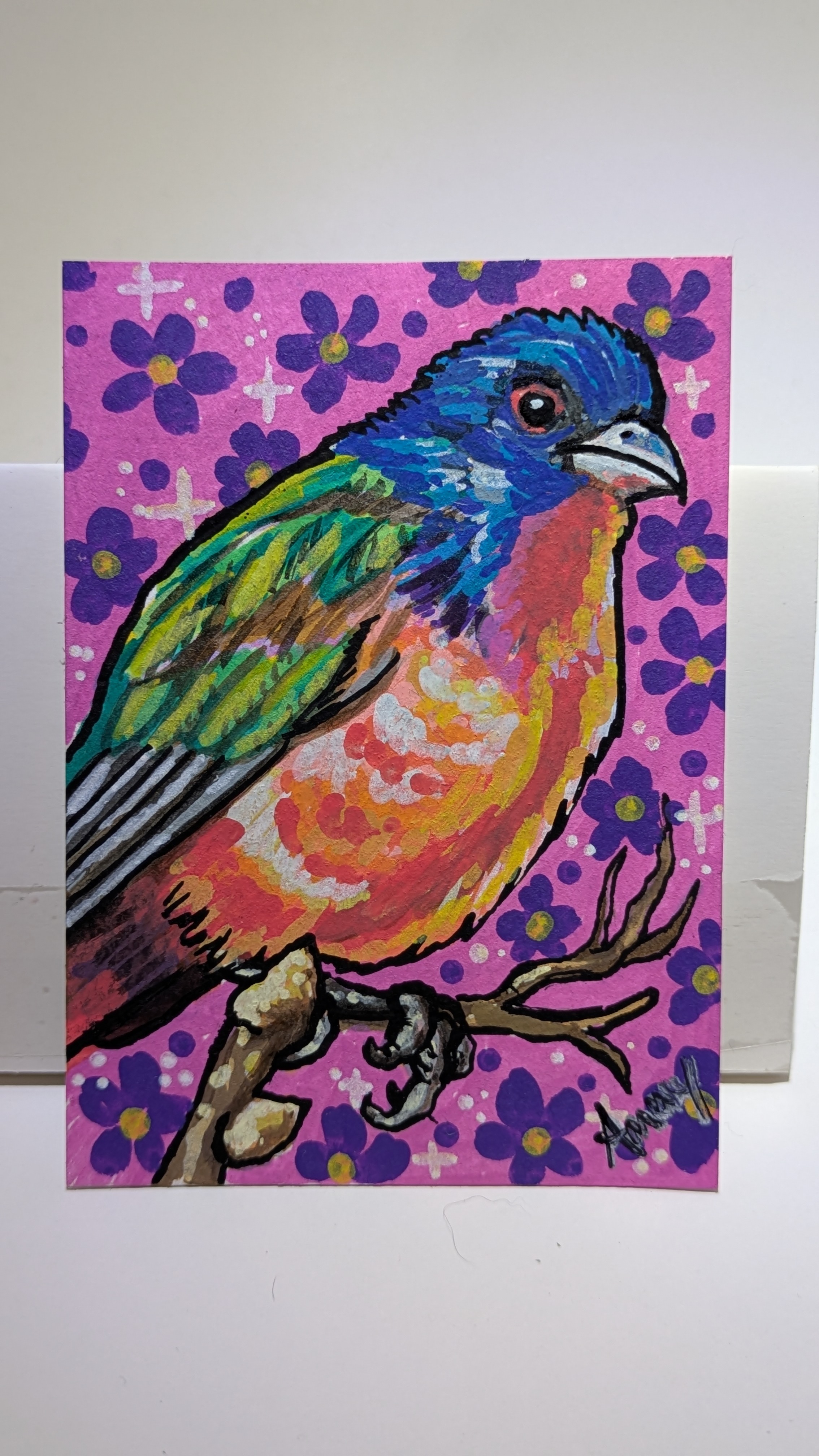 Painted Bunting aceo art card thumbnail 1