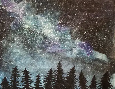 Milky Way over Pine Trees Stars Galaxy Sky View2.5x3.5 in. SIGNED PRINT aceo art card thumbnail 3