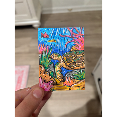 Sea Turtle Exploring in the Ocean aceo art card thumbnail 1