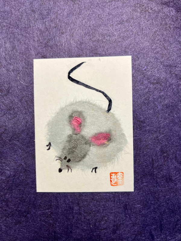 Japanese Washi art - mouse (nezumi) aceo art card