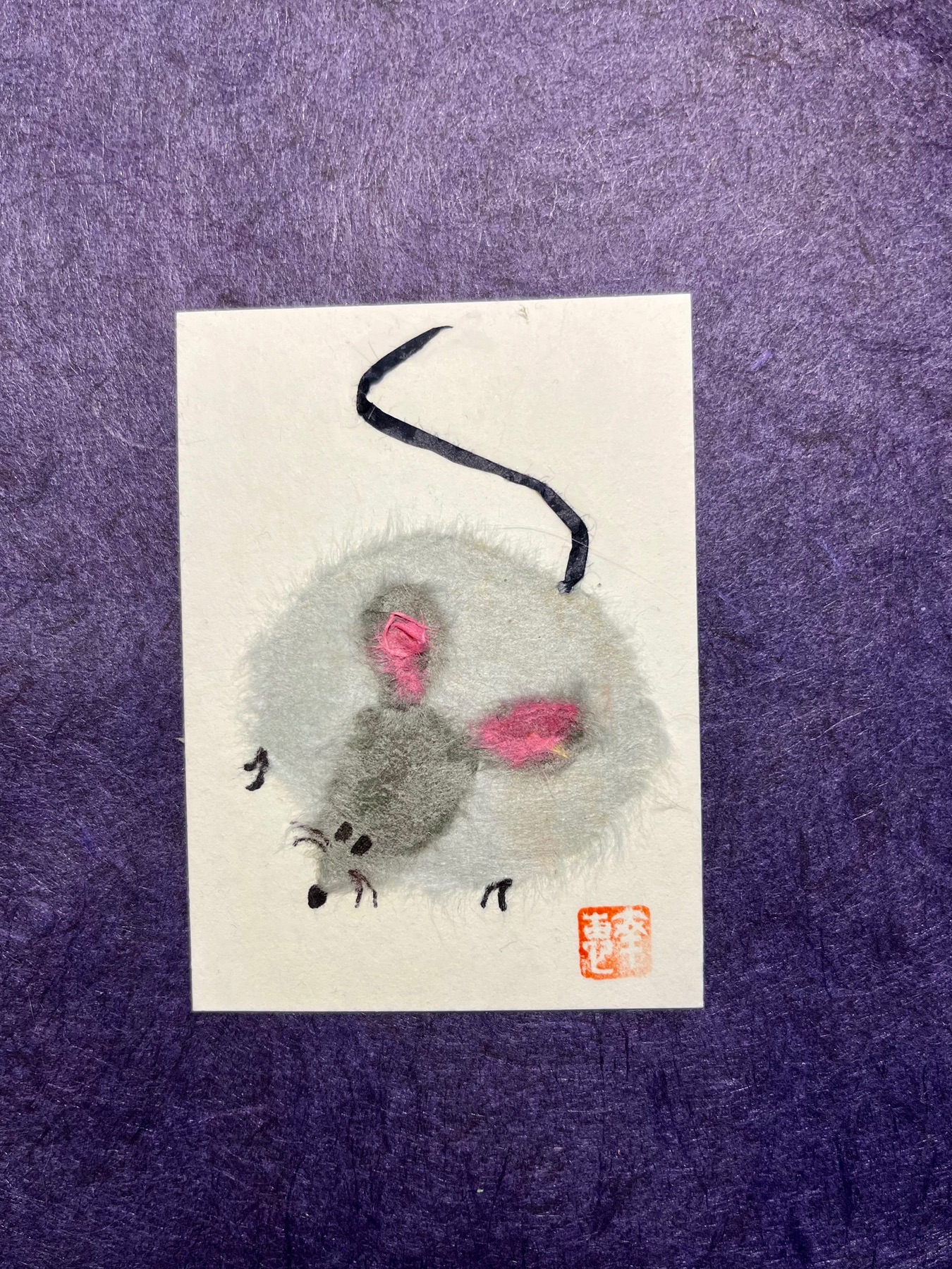 Japanese Washi art - mouse (nezumi) aceo art card