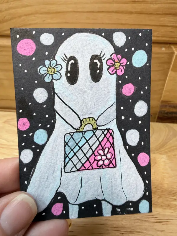 Trans Fem Pride Ghost Whimsical Colorful aceo art card