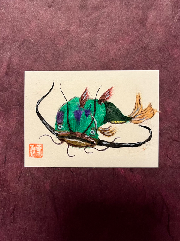 I am a catfish- Japanese Washi art aceo art card