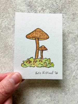 Orange-Brown Mushrooms and Moss - Gouache and Ink Illustration aceo art card thumbnail 1
