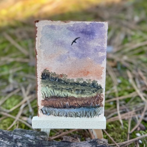 ACEO Original Landscape on Handmade Paper "Sunset in the Marsh" aceo art card