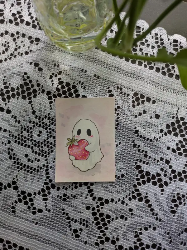 Original Watercolor ACEO Strawberry Ghost Mini Painting Cute Kawaii Summer Art aceo art card