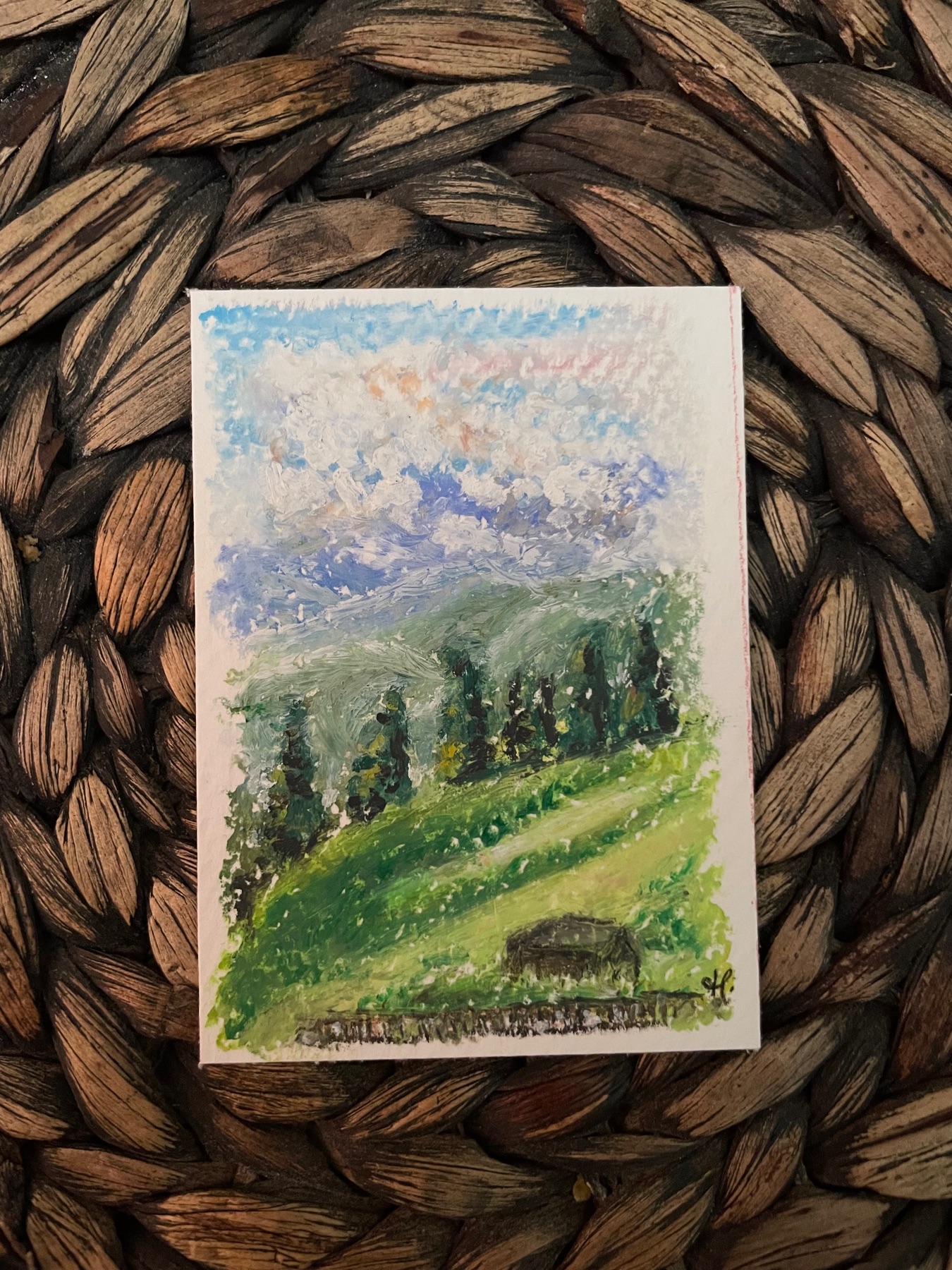 Grassy Hills in Oil Pastel aceo art card