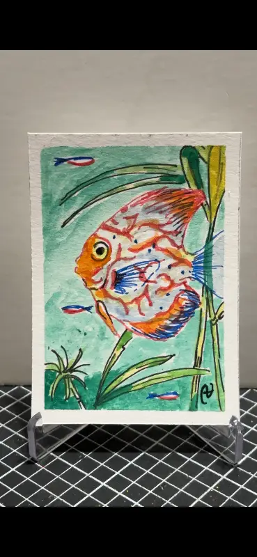 "Red Orange Discus" with Neon Friends aceo art card