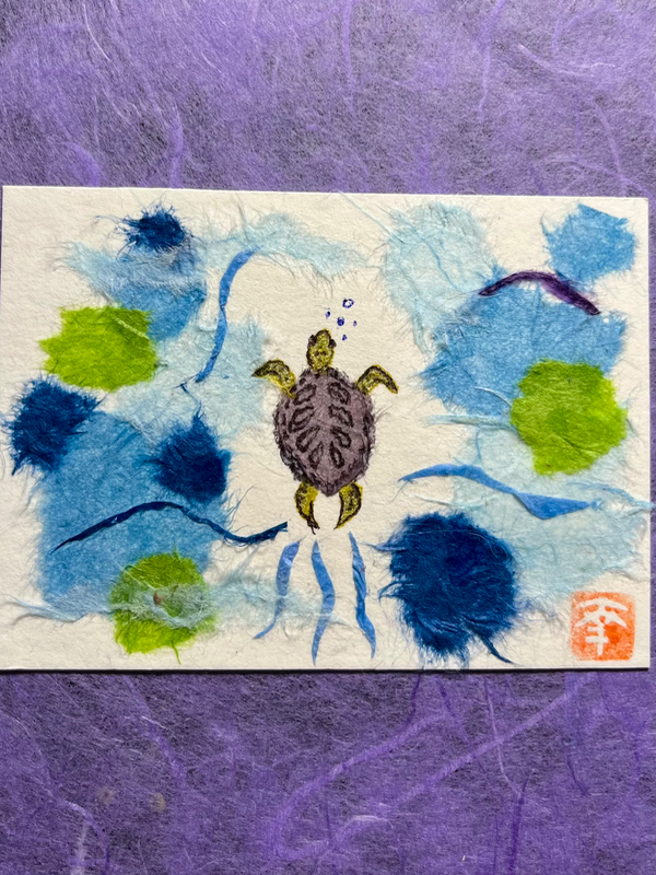 Japanese Washi art- A lone turtle swam by aceo art card