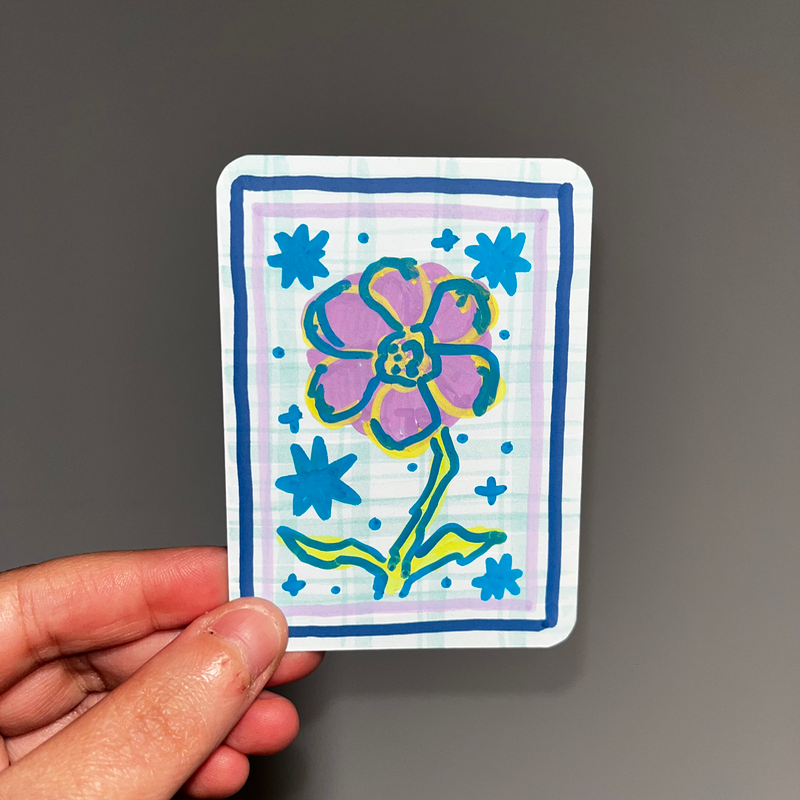 original aceo purple flower doodle checkered plaid blue aceo art card