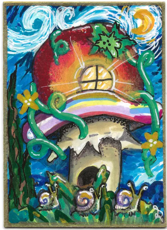 "Tomato Mushroom" | Snail House Under a Moonlit Sky aceo art card