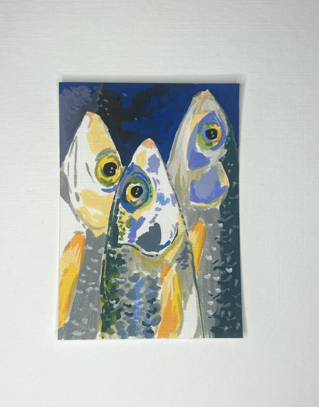 ACEO Original Painting- Sardines made with/ Acrylic Marker 2.5 x 3.5 inch aceo art card