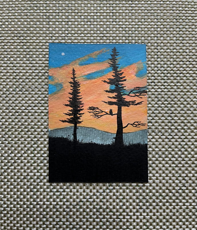 “As Quiet As An Owl Hunting” Owl, Vibrant Sky, Pine Tree, Silhouette aceo art card