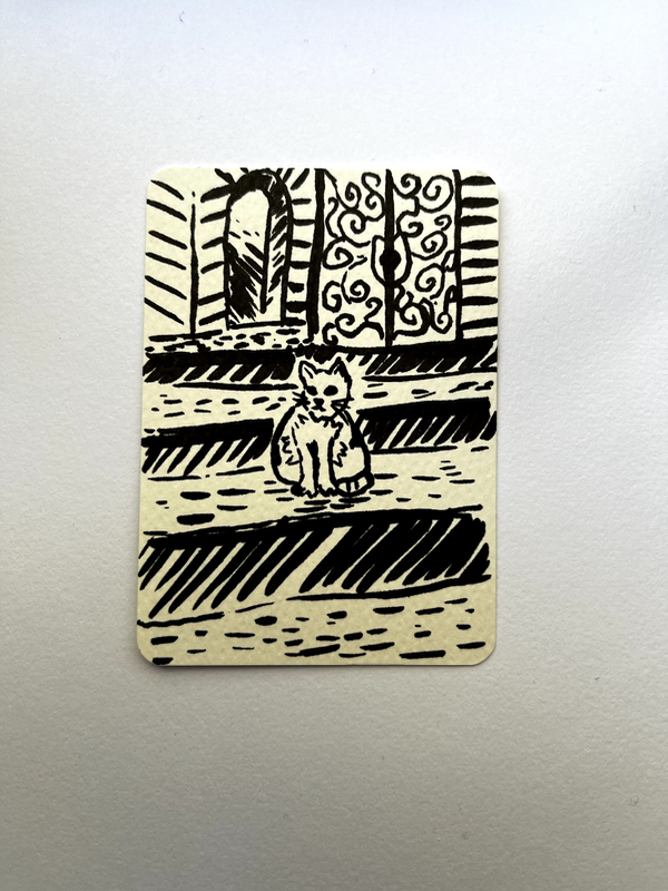Ink Cat on Step Drawing  kb.creations signed ACEO aceo art card